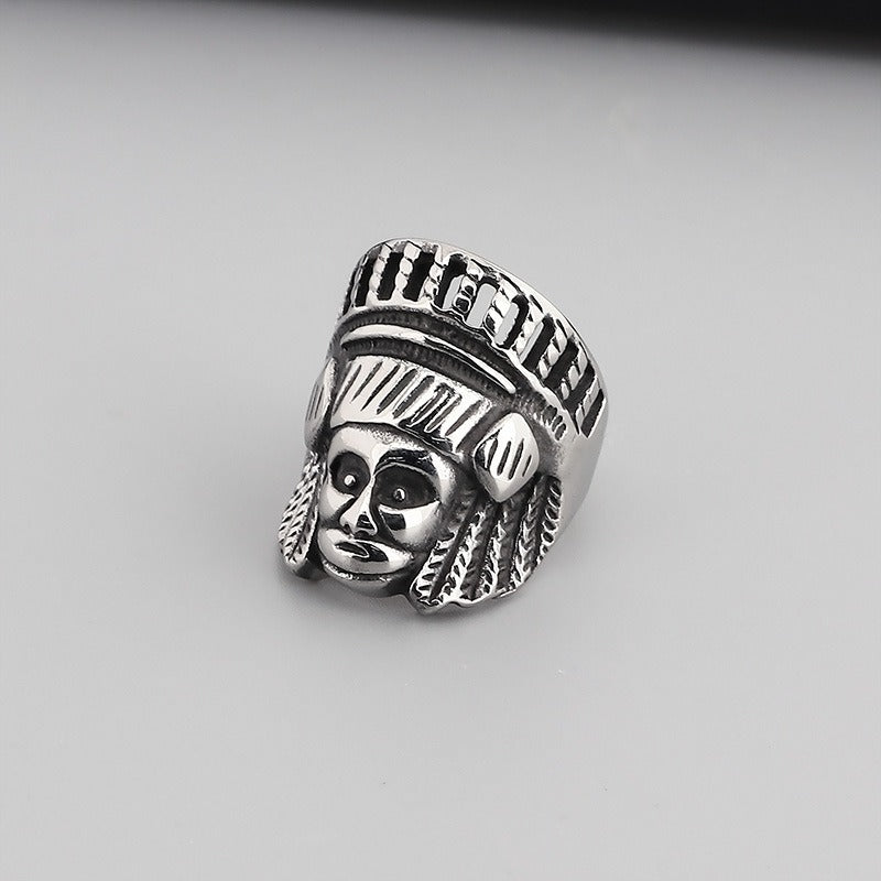 Anello geometrico in acciaio al titanio da uomo Kemstone - Design tribale con stella e ancora audace per abbigliamento streetwear hip hop KR44629-BD