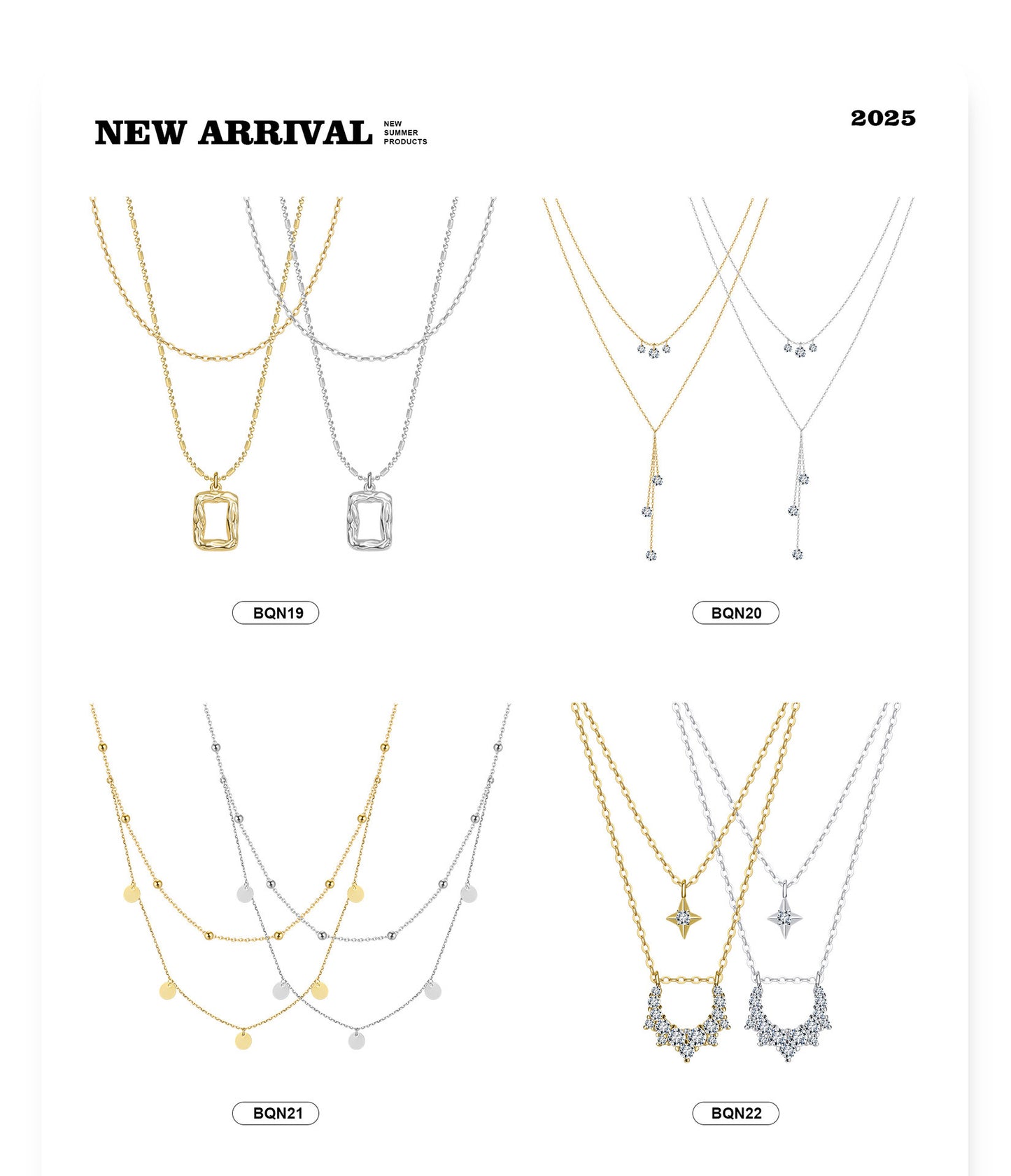 Kemstone Layered Rectangle Pendant Necklace – 925 Sterling Silver Double Chain Necklace for Women, Gold & Silver Minimalist Handmade Jewelry A4-BQN19