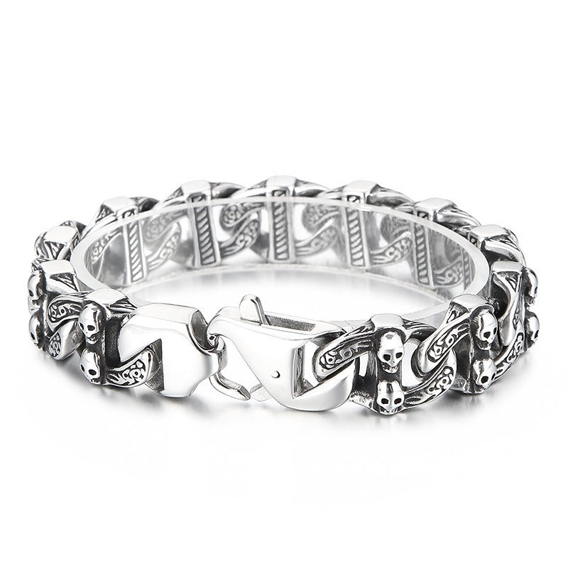 Kemstone Matte Black Skull Bracelet – Titanium Steel Cuban Chain for Men | Gothic Punk Streetwear Jewelry KB162805-KJX