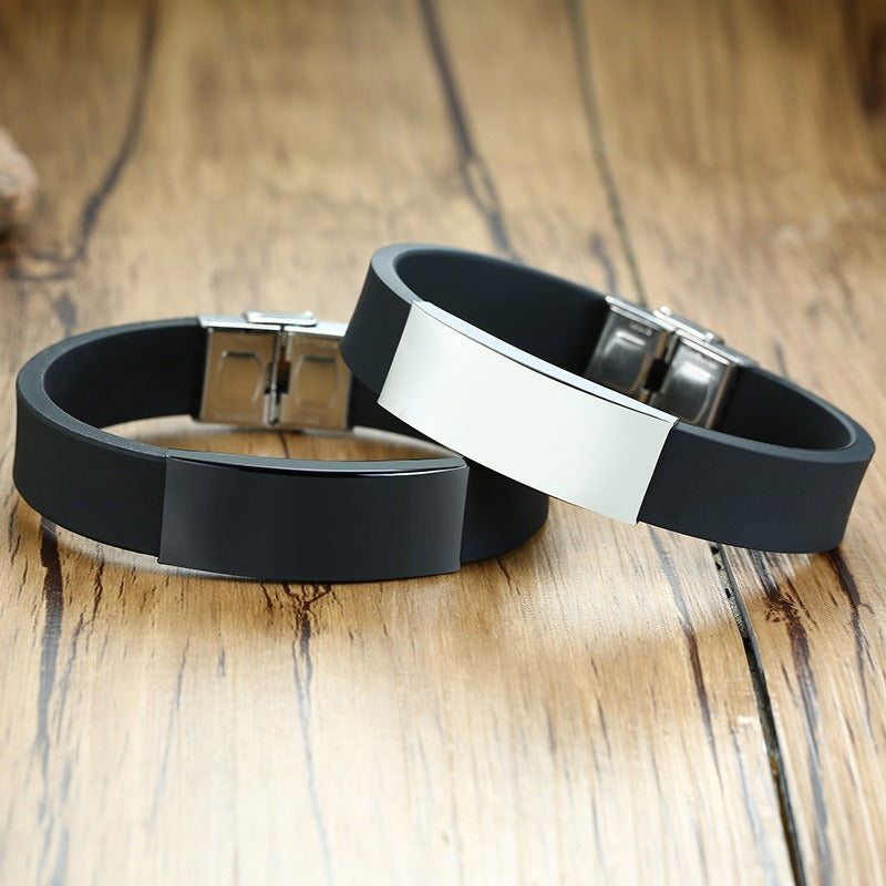 Kemstone Silicone & Stainless Steel Bracelet – Engravable Curved Plate Men’s Wristband BS-076