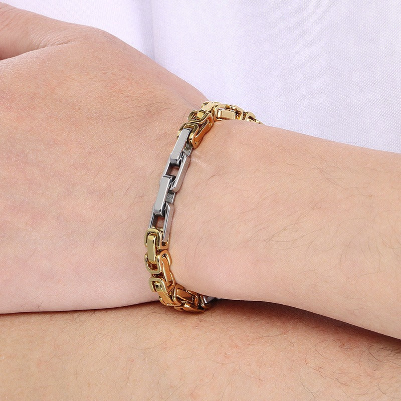 Kemstone Rock-Edge Steel Plate Bracelet – 6mm Mixed Metal Chain for Men | Gothic Punk Streetwear Jewelry KB185313-Z
