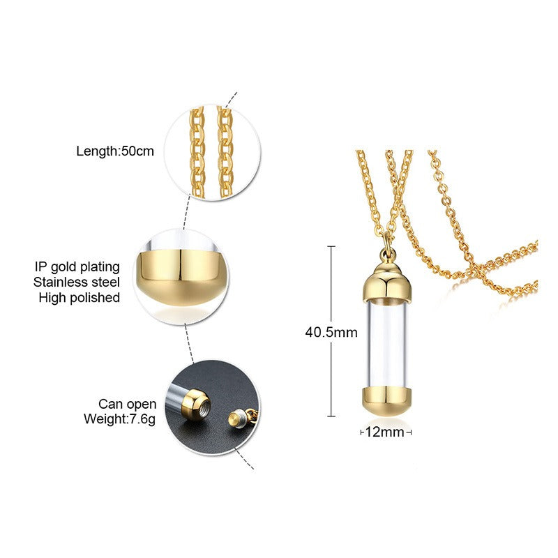 Kemstone Men’s Stainless Steel Glass Vial Pendant Necklace – Gothic Memorial Perfume Bottle Urn Amulet PN-716