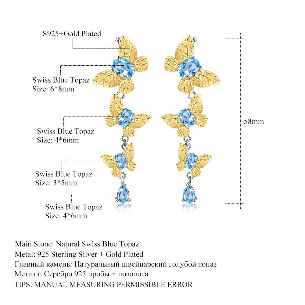 Pendientes colgantes de plata de ley S925 con gemas, diseño original artesanal de Kemstone, con diseño de mariposa de amatista natural y topacio azul suizo para mujer.