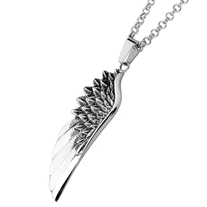 Kemstone Angel Wing Feather Titanium Steel Pendant Necklace for Men – Sculpted Silver KP39920