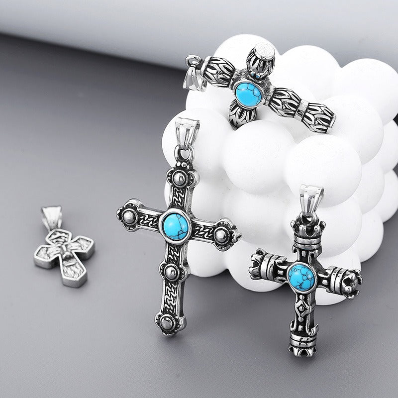 Kemstone Gothic Portrait Pendant – Titanium Steel Necklace with Crown & Turquoise Cross KP119878