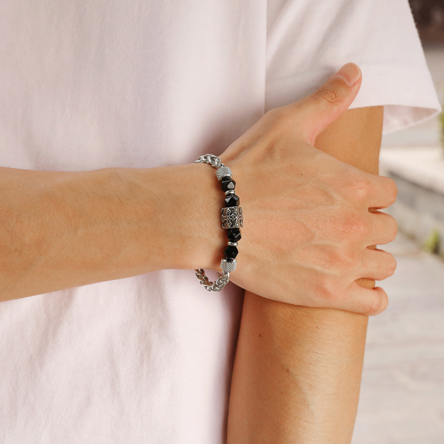 Kemstone Beaded Chain Bracelet for Men Stainless Steel Black Faceted Cross Detail BR-1907