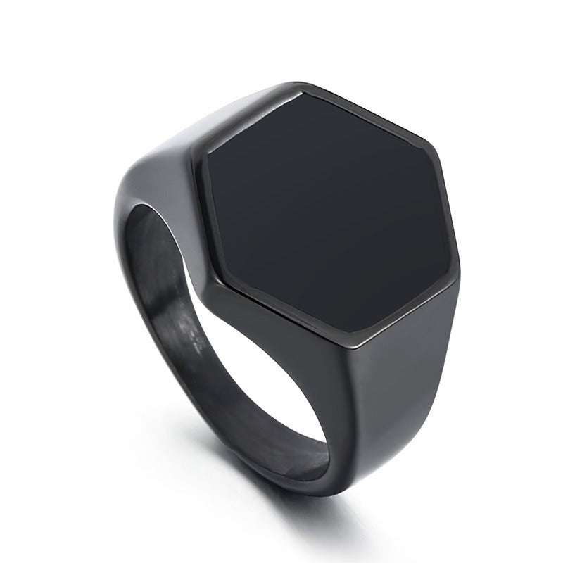 Kemstone Men’s Hexagon Signet Ring – Stainless Steel Black Epoxy Resin Inlay | Gothic Minimalist Jewelry KR105856-KFC
