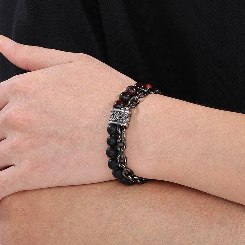 Kemstone Tiger Eye & Turquoise Bead Bracelet – Dual-Layer Steel Chain Men’s Jewelry with Vintage Map Stone Vibe KB182645