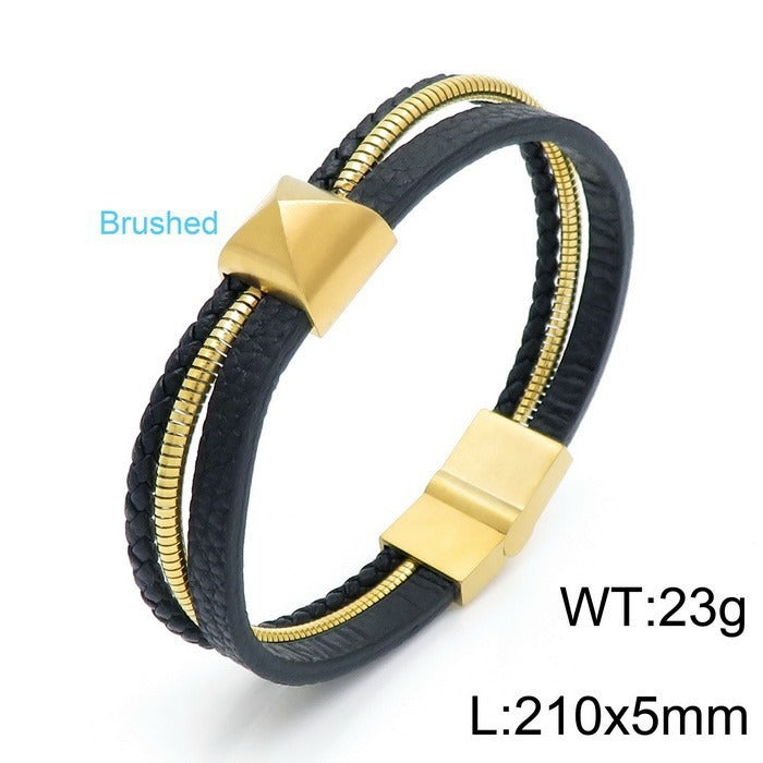 Kemstone Men’s Titanium Steel Leather Bracelet – Gold Snake Chain Wristband KB147381
