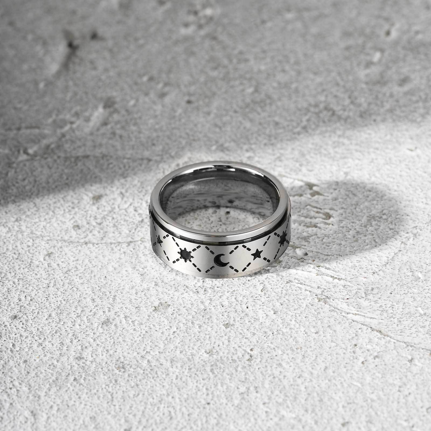 Kemstone Stainless Steel Spinner Ring for Men – Sun & Moon Design | R-576