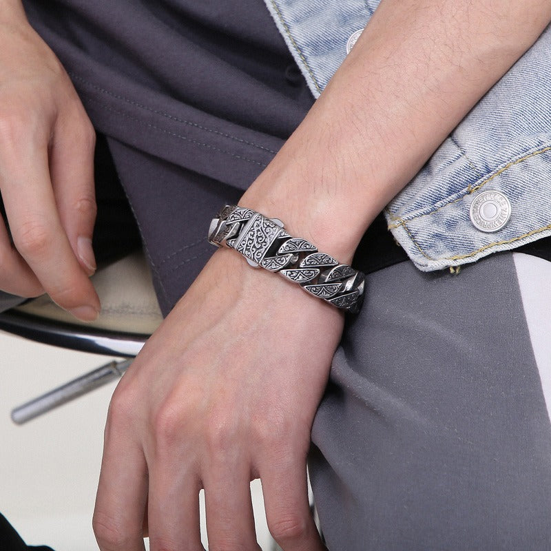 Kemstone Engraved Tribal Titanium Steel Cuff Bracelet – Bold Handcrafted Style KB122860