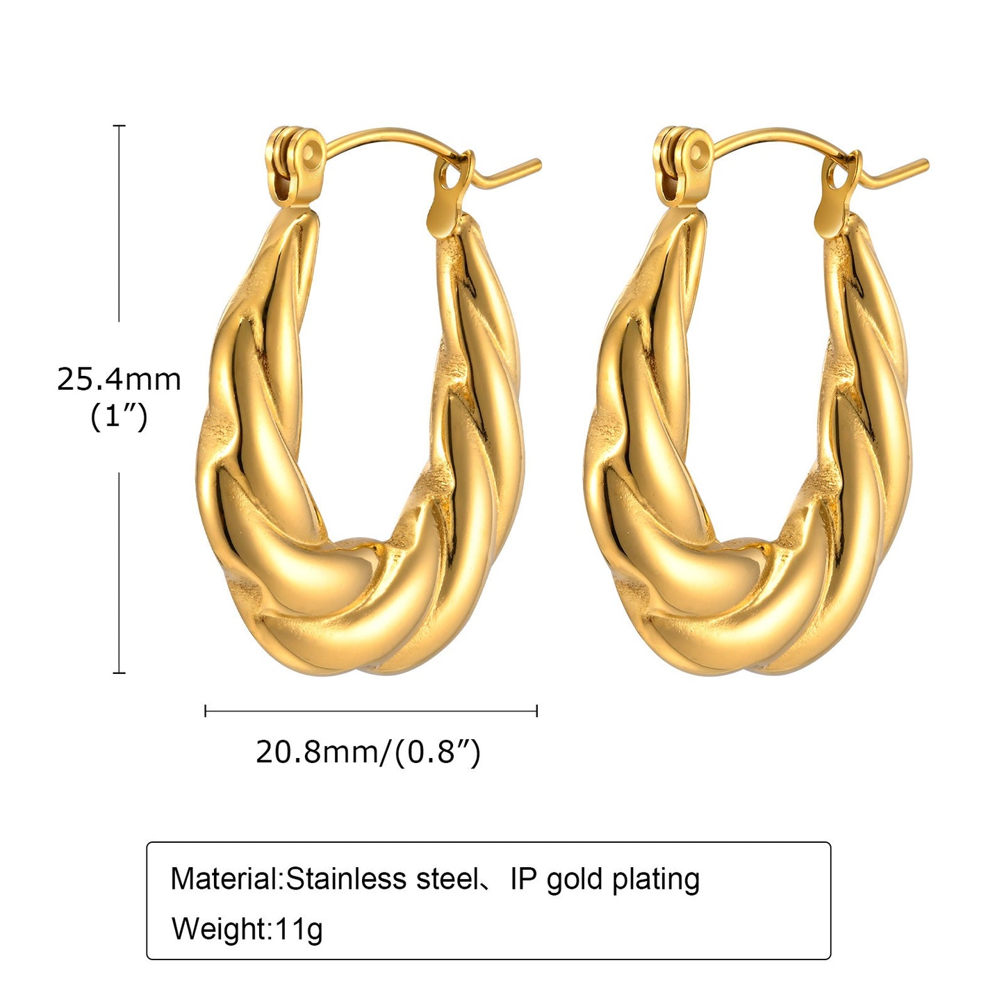Pendientes Kemstone de acero inoxidable con forma de U retorcida | Detalle en V martillado y elegancia cotidiana EH-633