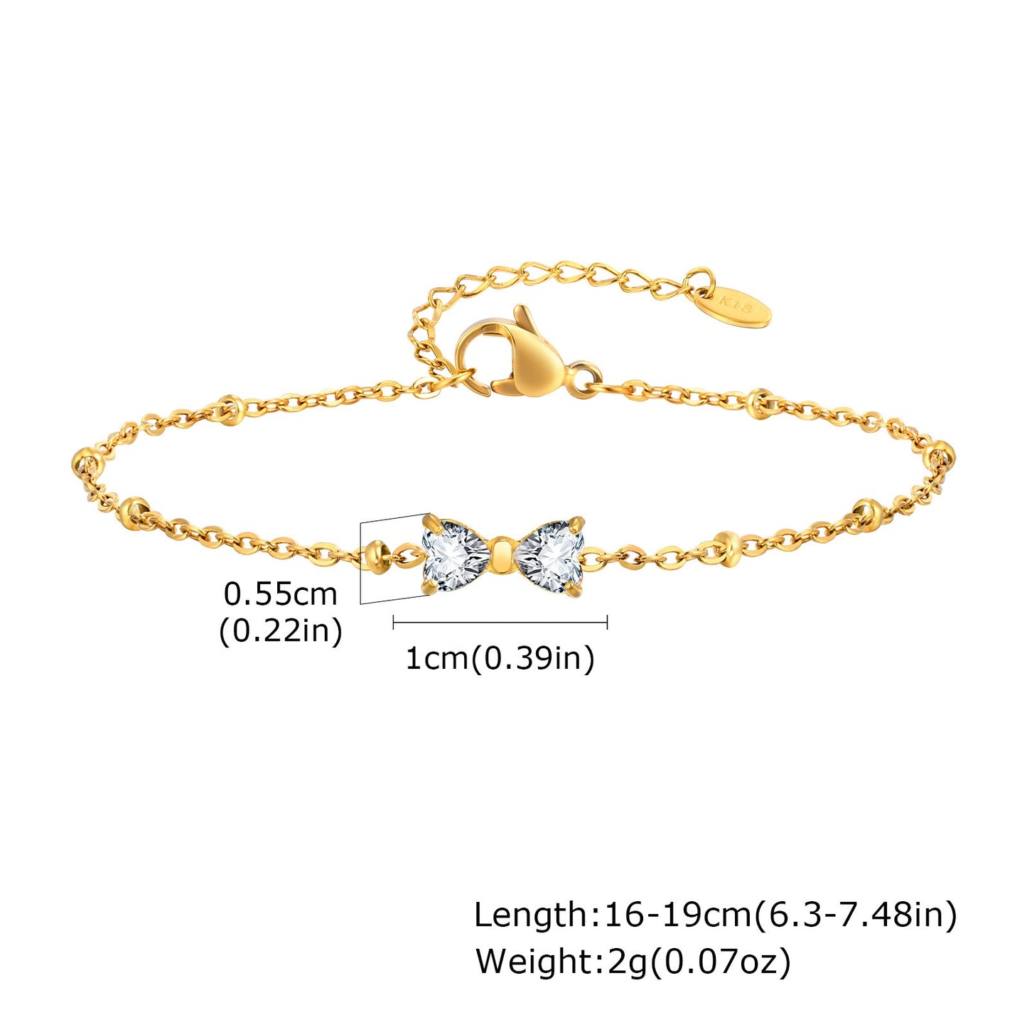 Delicado collar de lazo de acero inoxidable Kemstone con circonitas de cristal y cadena de cuentas. Joyería minimalista en tono dorado para mujer. NC-1718
