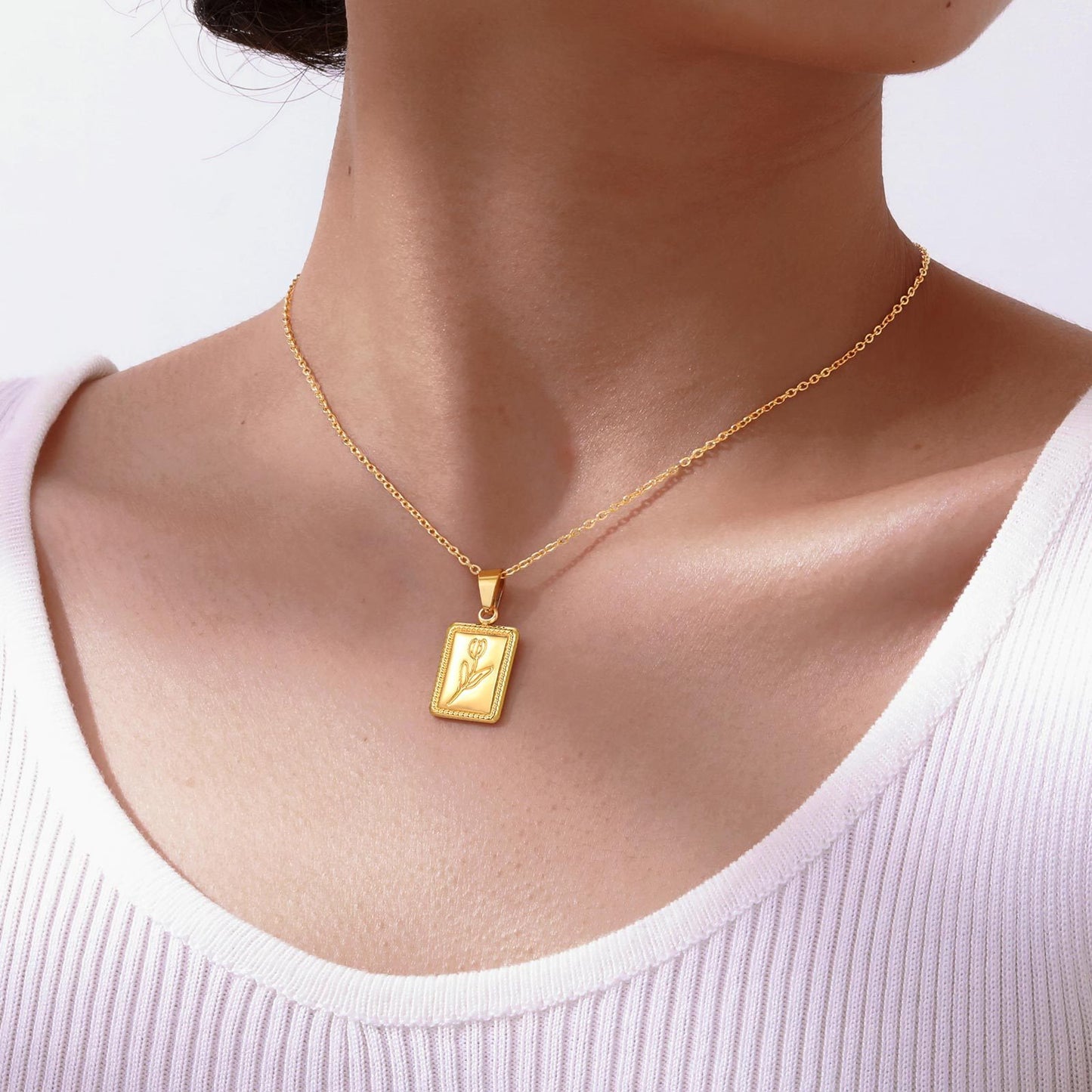 Handcrafted Stainless Steel Tulip-Pressed Square Pendant Necklace – Vintage Botanical Gold-Tone Jewelry for Women PN-2096