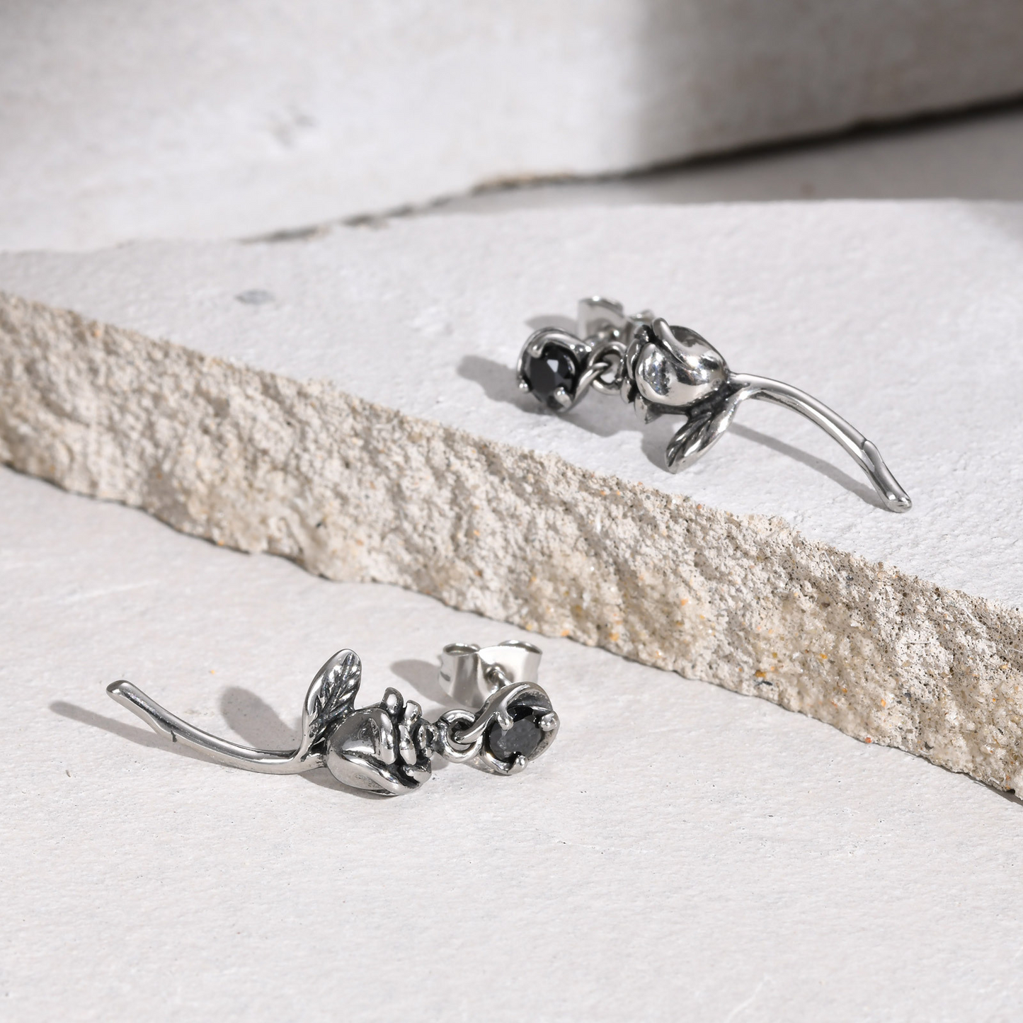 Kemstone Stainless Steel Rose Drop Earring with Black Cubic Zirconia for Men ED-788