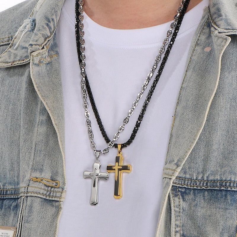 Kemstone Titanium Steel Vintage Bamboo Chain Necklace – Triple Cross Pendant for Men KN288587-K