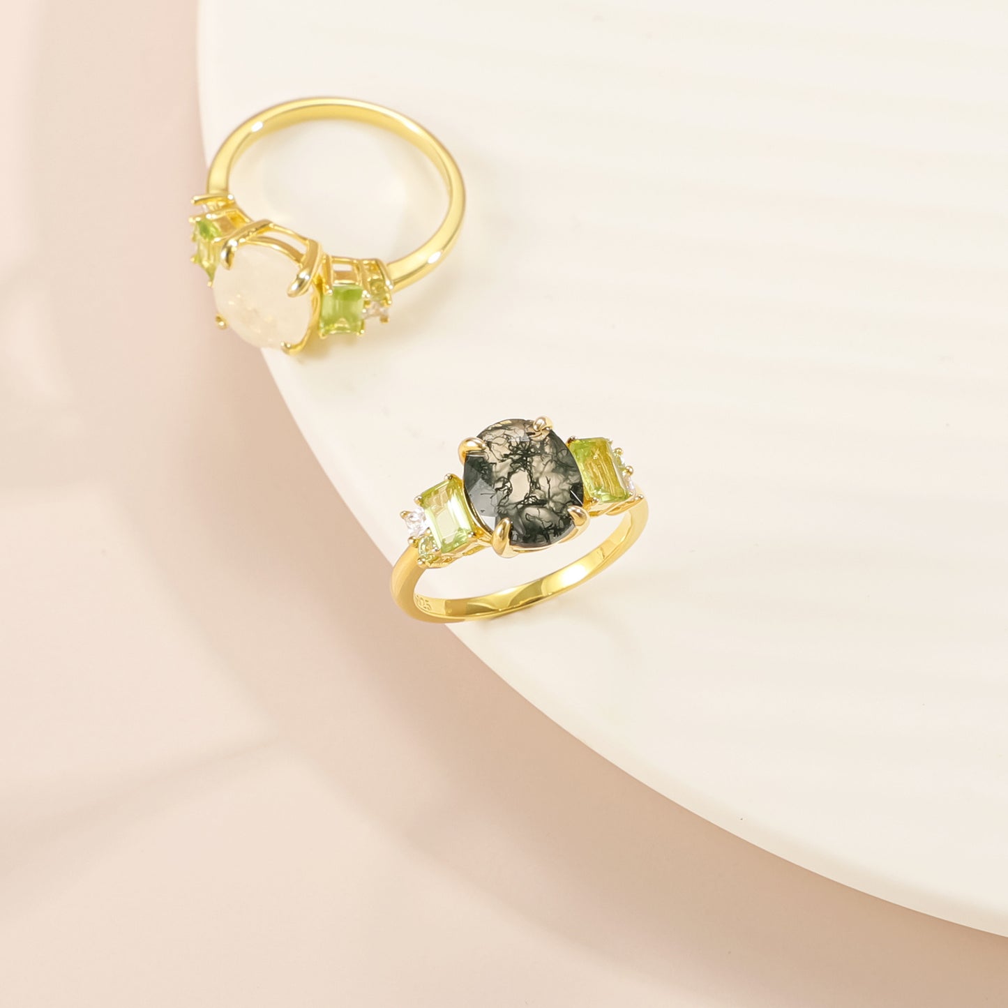 Kemstone Forest Echoes Ring – Moss Agate & Peridot Gemstones, 925 Sterling Silver with 18K Gold Plating, Vintage Botanical Design T7-OL1180R