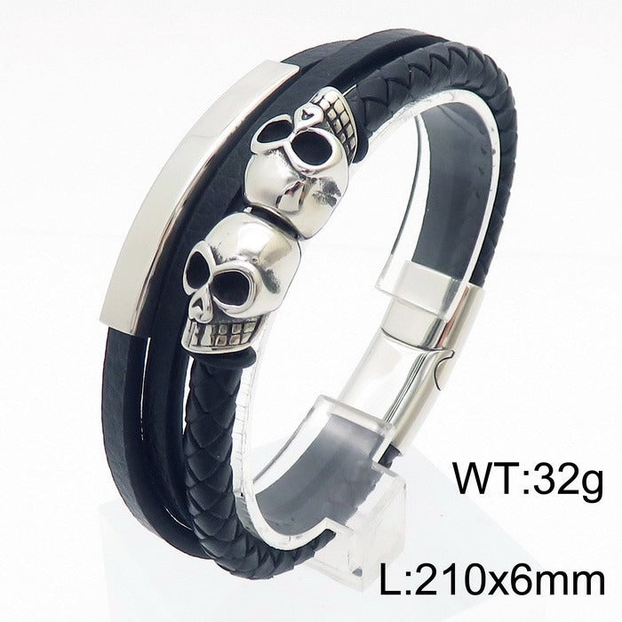 Kemstone Men’s Skull Leather Bracelet – Stainless Steel Punk Biker Jewelry KB180009