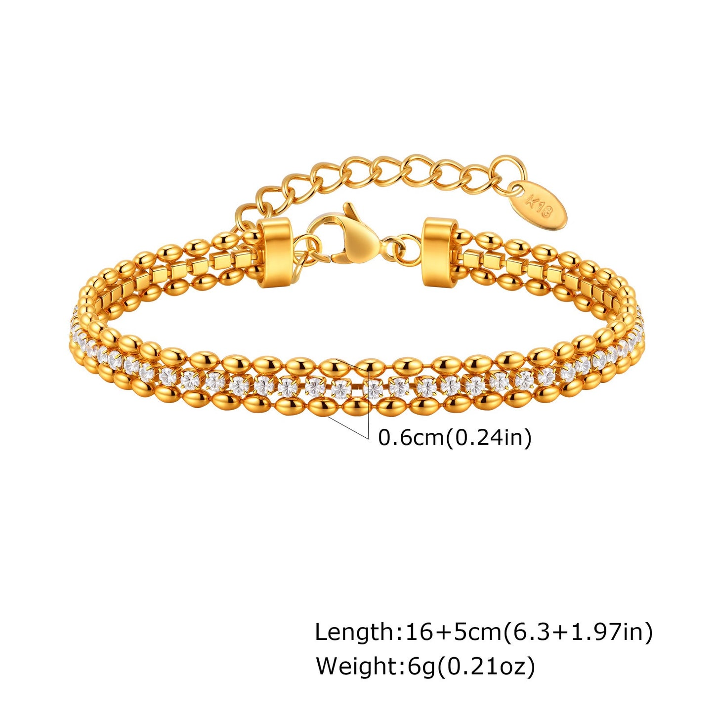 Pulsera Kemstone de acero inoxidable con doble hilera de cuentas de oliva y circonitas blancas | Diseño minimalista retro | Lujo ligero para combinar con otras prendas BR-2440