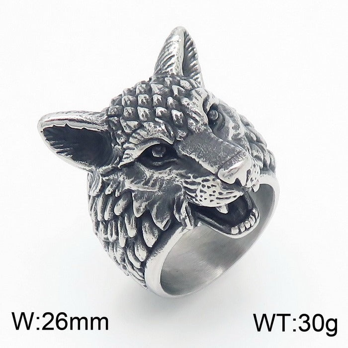 Kemstone Viking Wolf Head Ring – Distressed Stainless Steel Punk Men's Jewelry KR111182-KJX