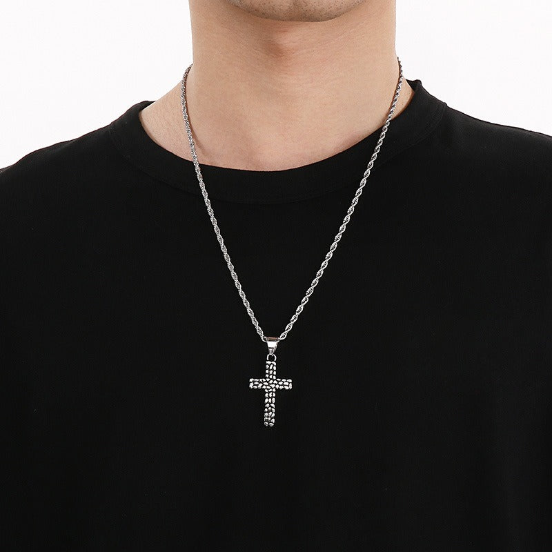 Kemstone Titanium Steel Punk Crown Cross Pendant – Vintage Hieroglyphic Engraved Necklace KP120067