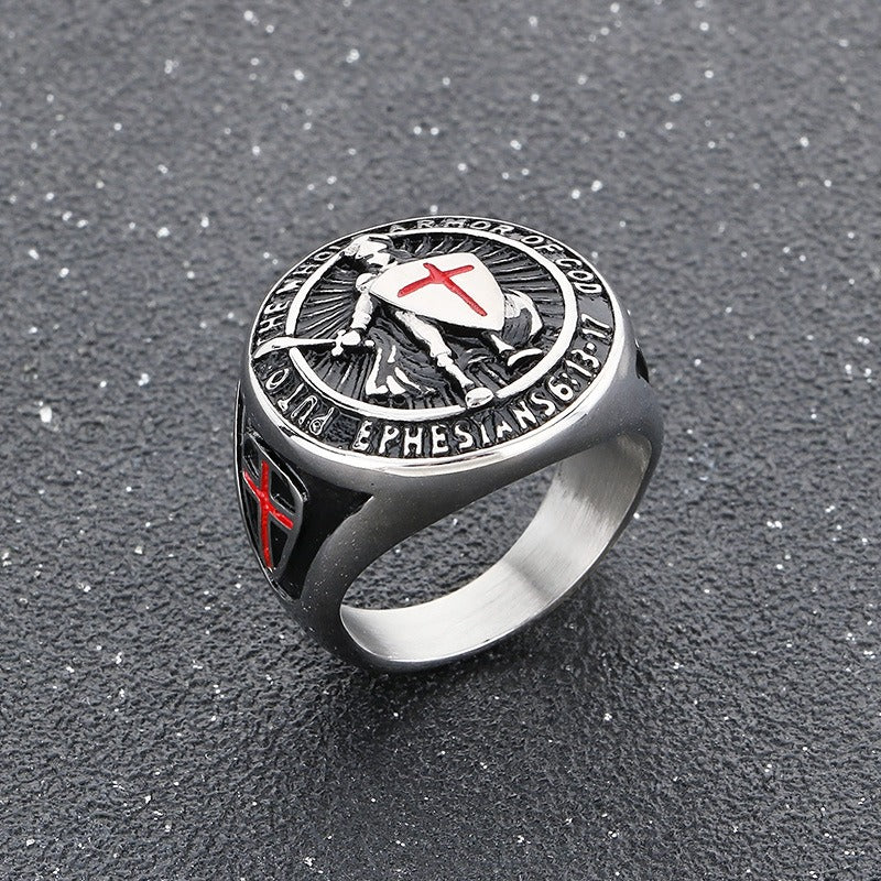 Anello con croce e scudo templare - Sigillo in acciaio inossidabile con armatura smaltata rossa | Gothic Street Faith KR112563