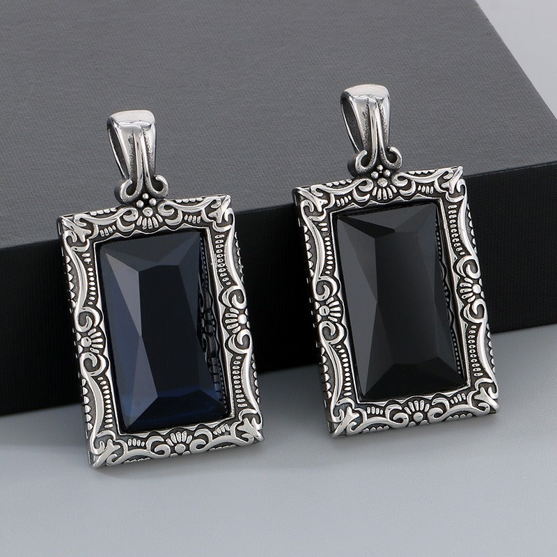 Kemstone Vintage Square Pendant – Titanium Steel Necklace with Scrollwork & Blue-Black Stone | Gothic Street Style for Men KP130520-TGX