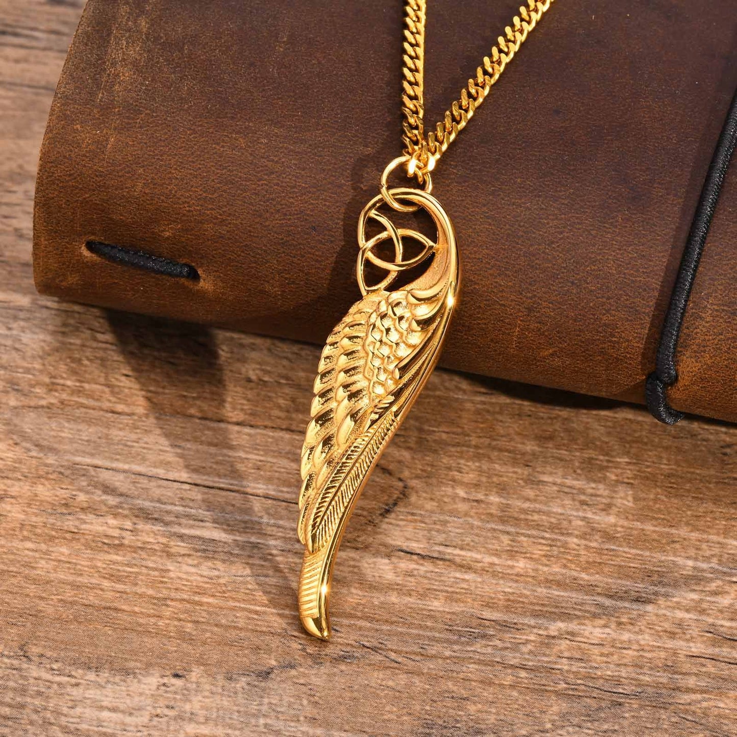 Kemstone Men’s Stainless Steel Celtic Knot Angel Wing Necklace – Vintage Pendant Gold/Black PN-1682