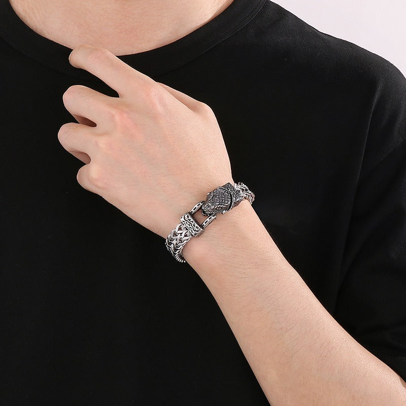 Bracciale Kemstone in acciaio al titanio con testa di aquila e lupo - Catena reversibile, design punk per uomo KB179515