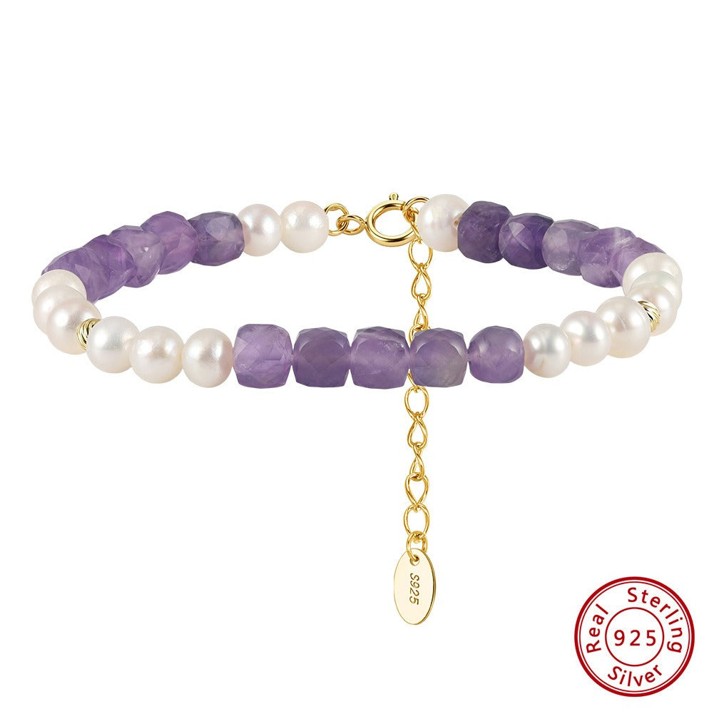 Kemston Amethyst & Freshwater Pearl Beaded Bracelet for Women 925 Sterling Silver MPB17