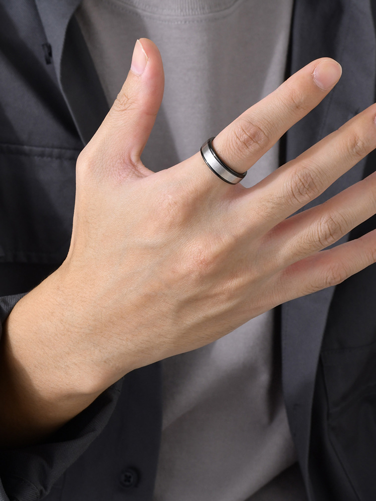 Kemstone Brushed Groove Stainless Steel Ring for Men – Black Inlay R-660