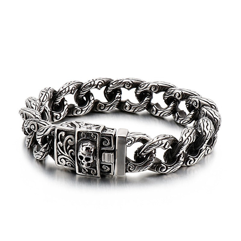 Kemstone Tribal Skeleton Chain Bracelet – Distressed Titanium Steel Men's Gothic Link Jewelry KB121932