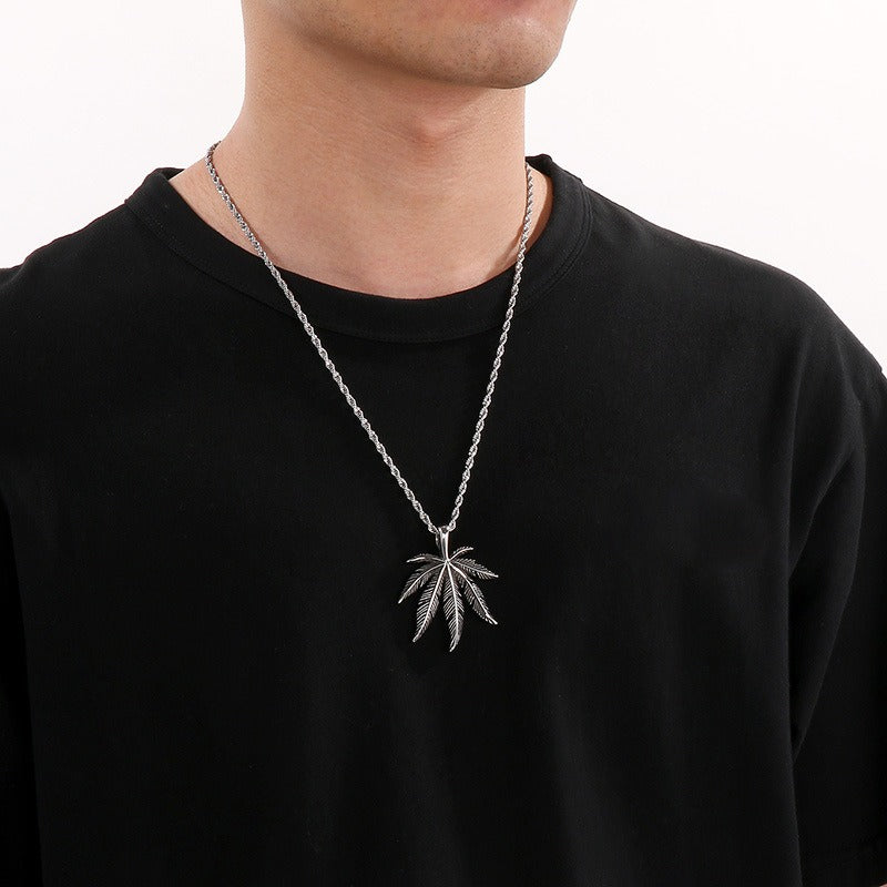 Colgante vintage de hoja de arce botánica Kemstone - Collar de acero inoxidable estilo punk para hombre con incrustaciones de turquesa KP130912