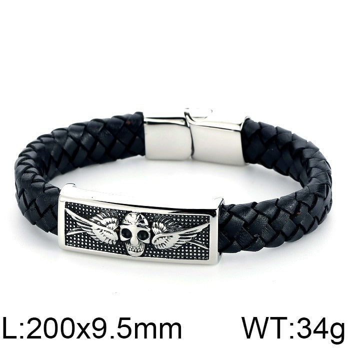 Kemstone Stainless Steel Skull Anchor Braided Leather Cuff Bracelet Punk Biker Style KB53392-K