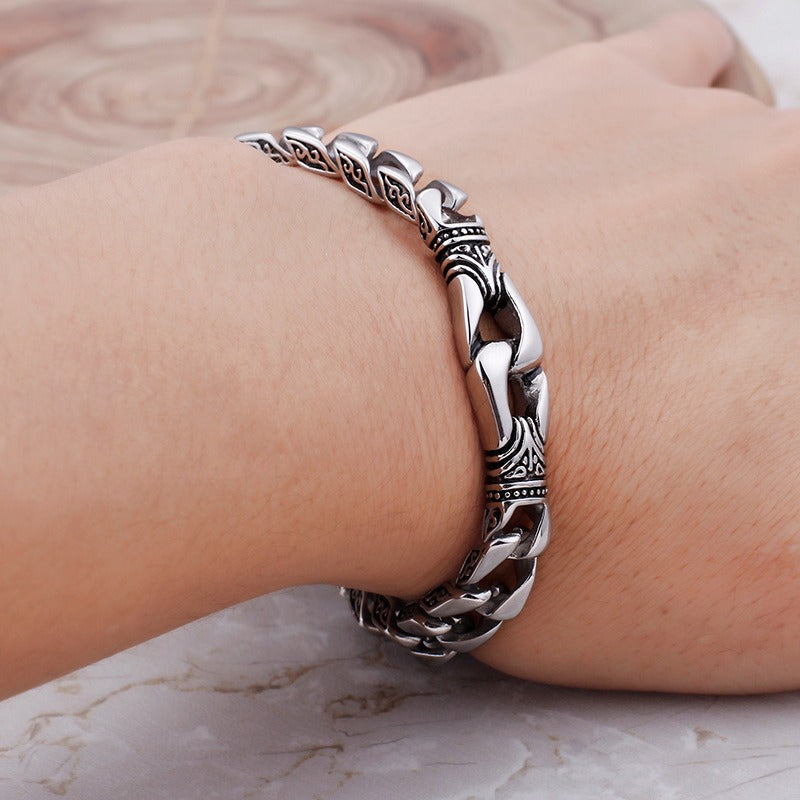 Kemstone Men's Vintage Cuban Chain Bracelet – Engraved Titanium Steel Punk Cuff for Gothic Streetwear KB80116-BD