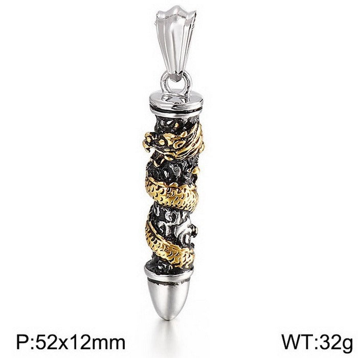Kemstone Dragon-Wrapped Bullet Pendant – Titanium Steel Necklace for Men, Rugged Norse-Inspired Urban Style KP55643