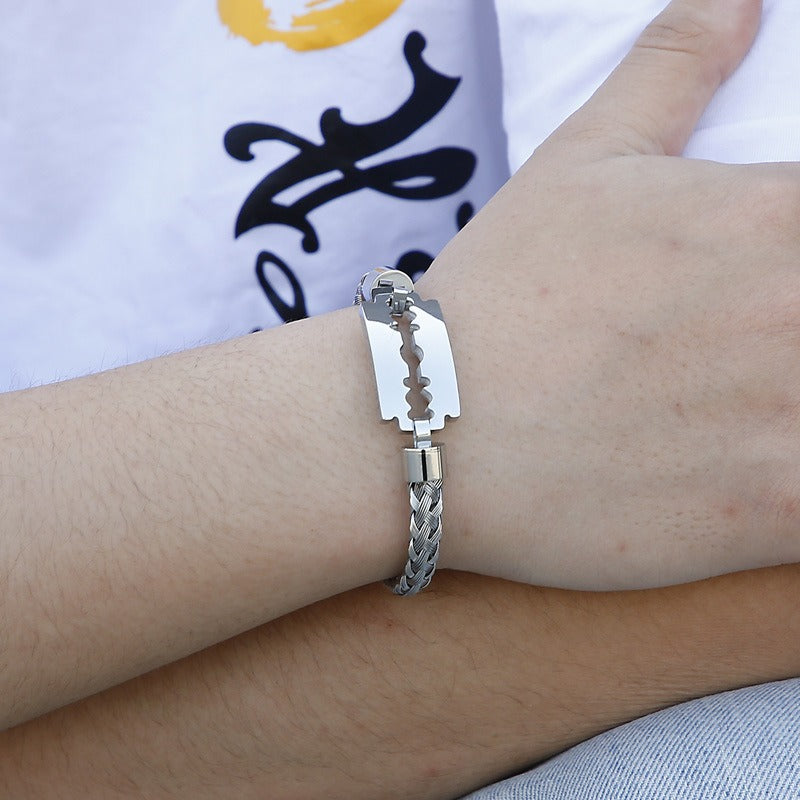Kemstone Titanium Steel Cuff Bracelet for Men - Braided Blade Design with Premium Electroplated Finish KB130548