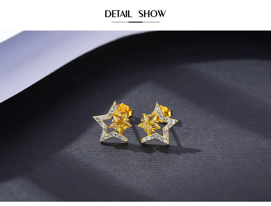 Pendientes Kemstone de plata de ley 925 con microincrustaciones de circonitas cúbicas y estrellas huecas para mujer: delicadas joyas geométricas con un sutil brillo SE20112308
