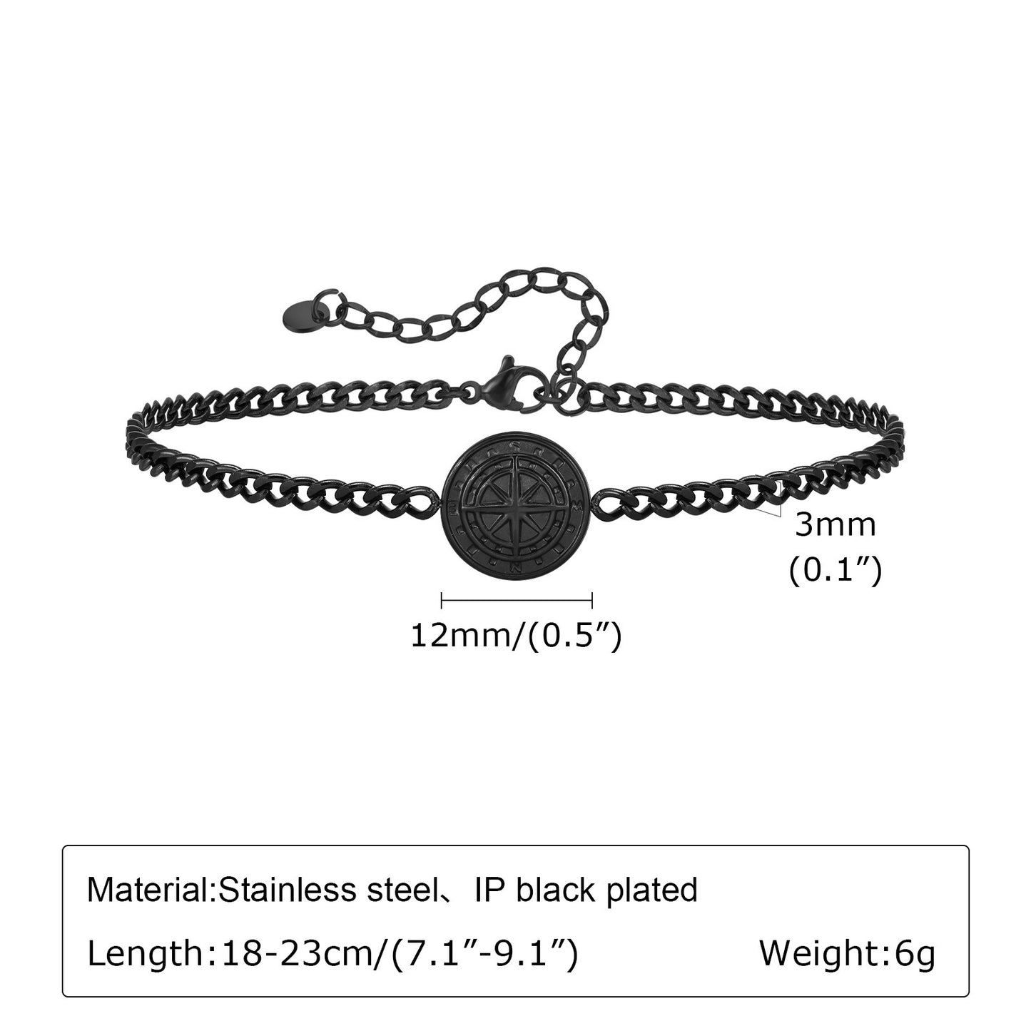 Kemstone Men’s Stainless Steel Compass Bracelet – Adjustable Minimalist Chain in Black, Gold & Silver BR2079
