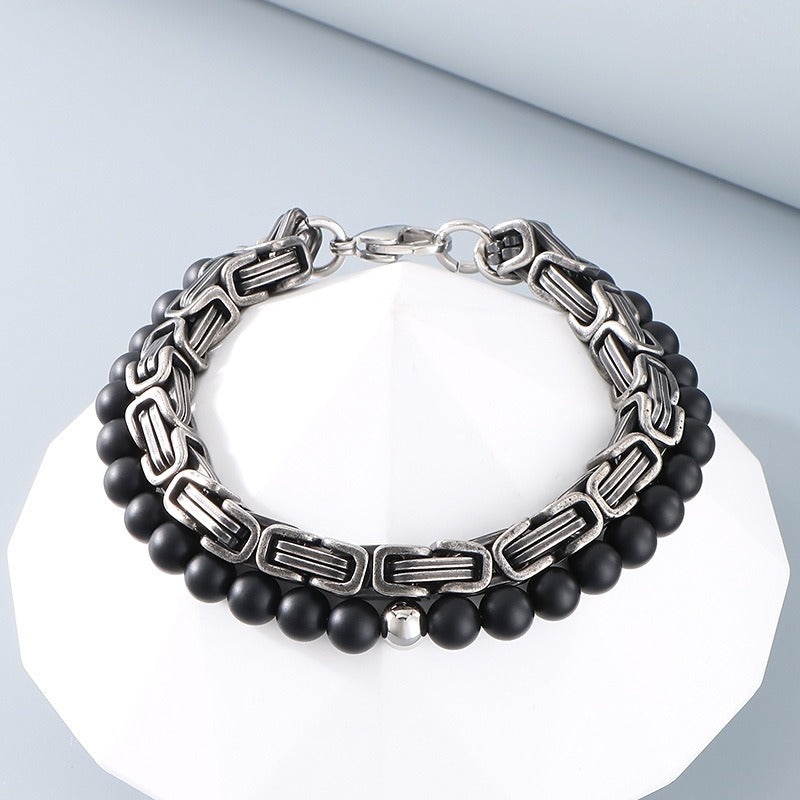 Kemstone Double Chain Bracelet for Men – Stainless Steel & Black Agate Beads, Viking Punk Style