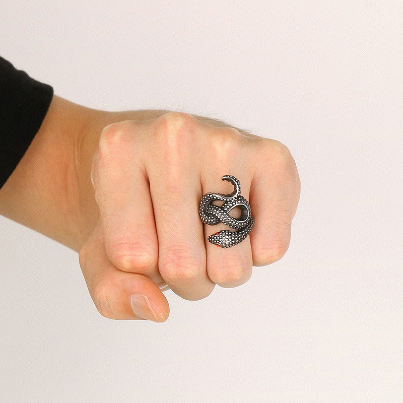 Kemstone Serpentine Titanium Steel Ring - Coiled Snake Design with Ruby Eyes, Vintage Gothic Jewelry for Men KR105952