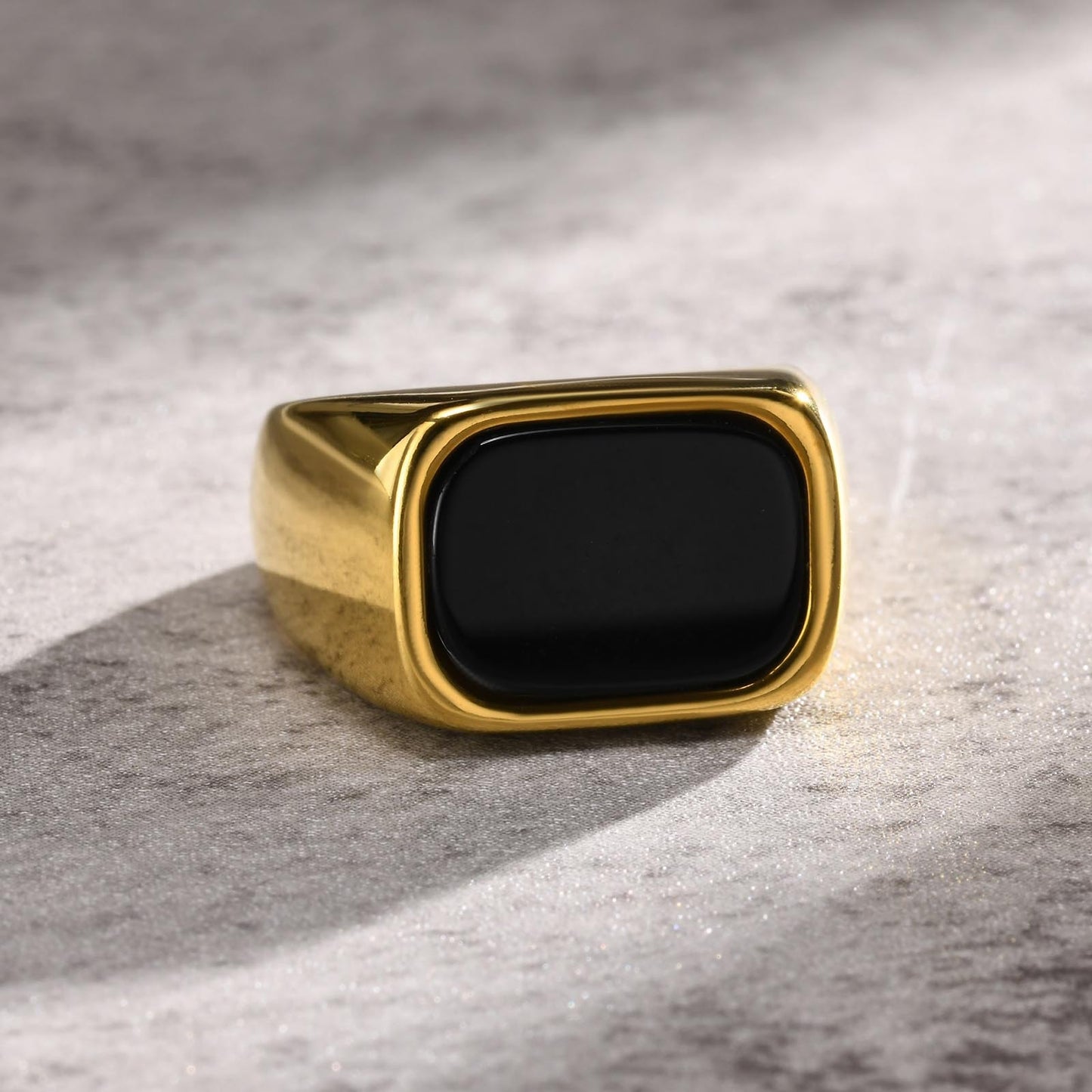 Kemstone Gold Stainless Steel Signet Ring for Men – Rectangle Black Stone Gothic Statement RC-619