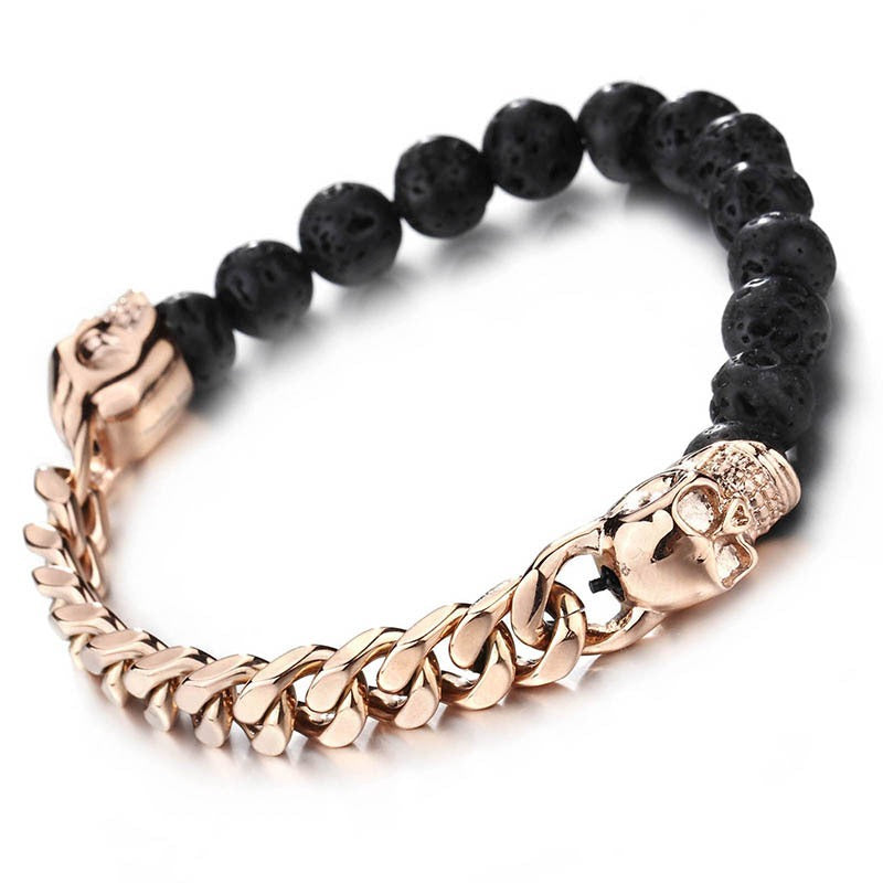 Kemstone Stainless Steel Skull & Volcanic Stone Mala Bracelet – Ethereal Energy Fusion KB66361