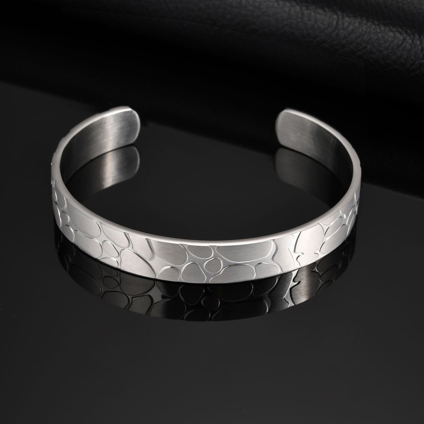 Kemstone Men’s Stainless Steel Cuff Bracelet – Silver Textured Open Bangle B-735