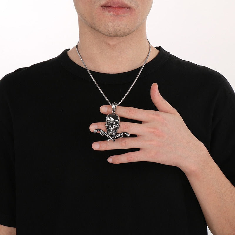 Kemstone Pirate Skull Pendant for Men – Punk Rock Sparrow & Anchor Necklace in Vintage Stainless Steel KP79431-BD