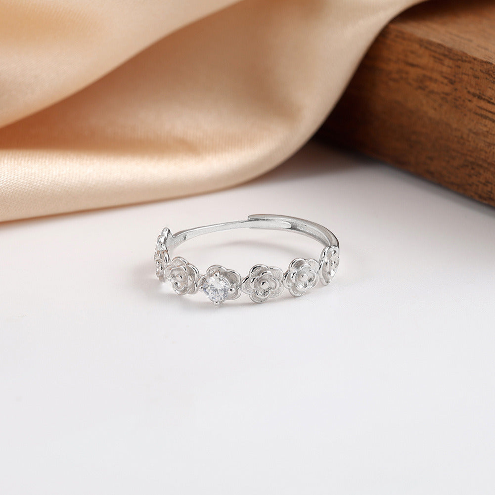 Kemstone 925 Sterling Silver Rose Flower Ring – Adjustable Open Band CZ Ring for Women, 14K Gold / White Gold Plated A4-APR41