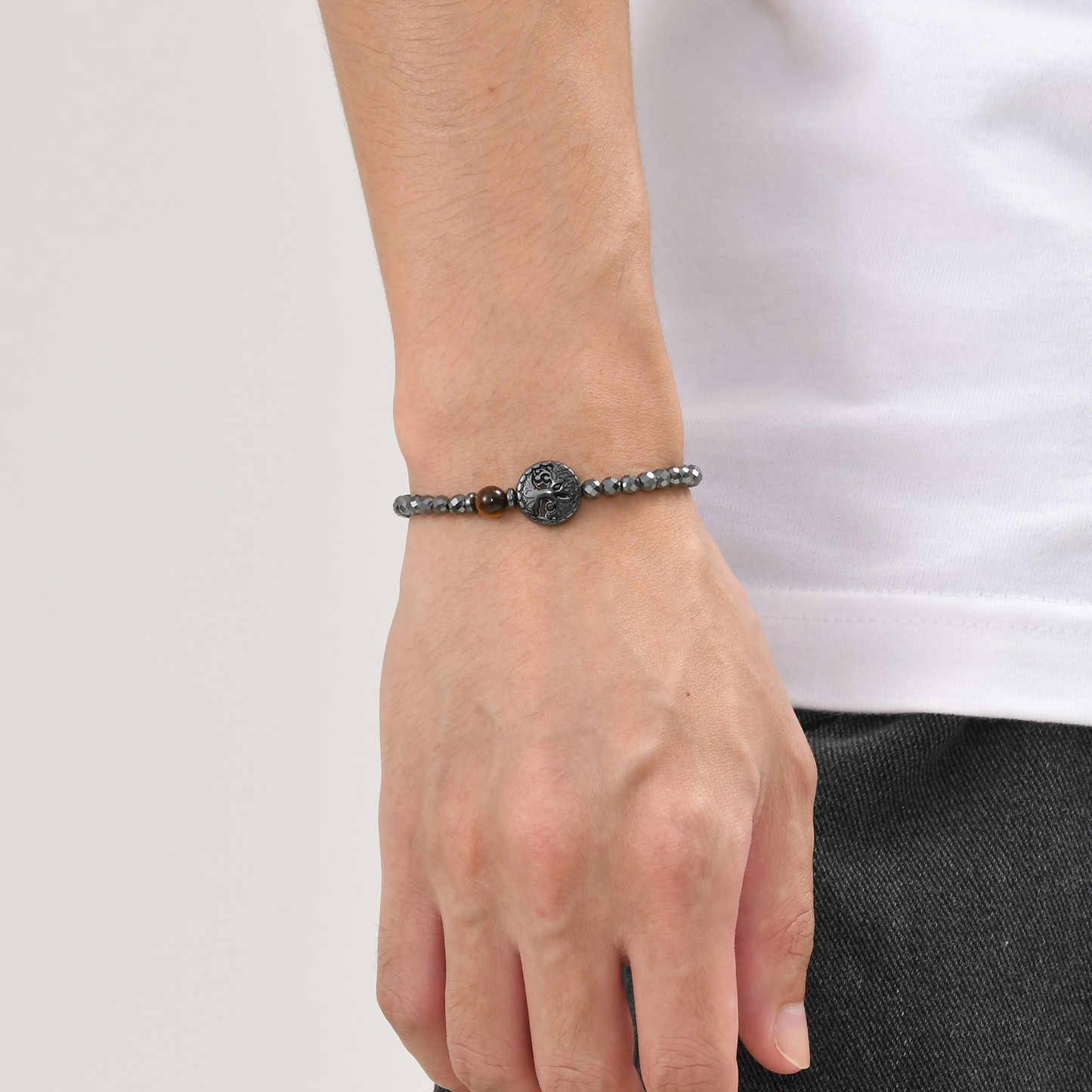Kemstone Stainless Steel Tree of Life Tiger Eye & Hematite Beaded Bracelet for Men BR-1782