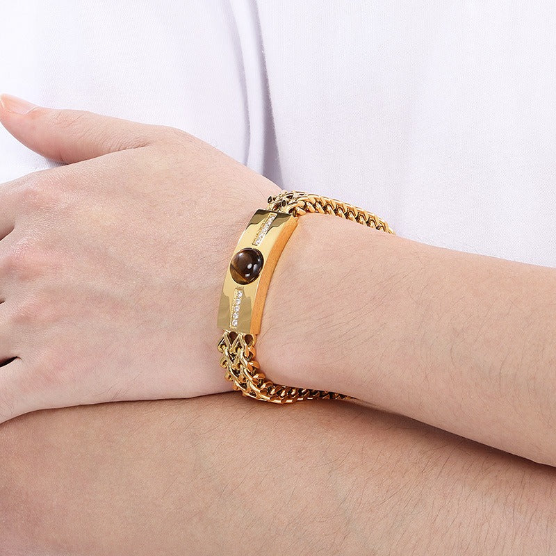 Kemstone Hiphop Zirconia-Encrusted Vintage Dual-Chain Tiger's Eye Stone Curb Men's Bracelet KB187685