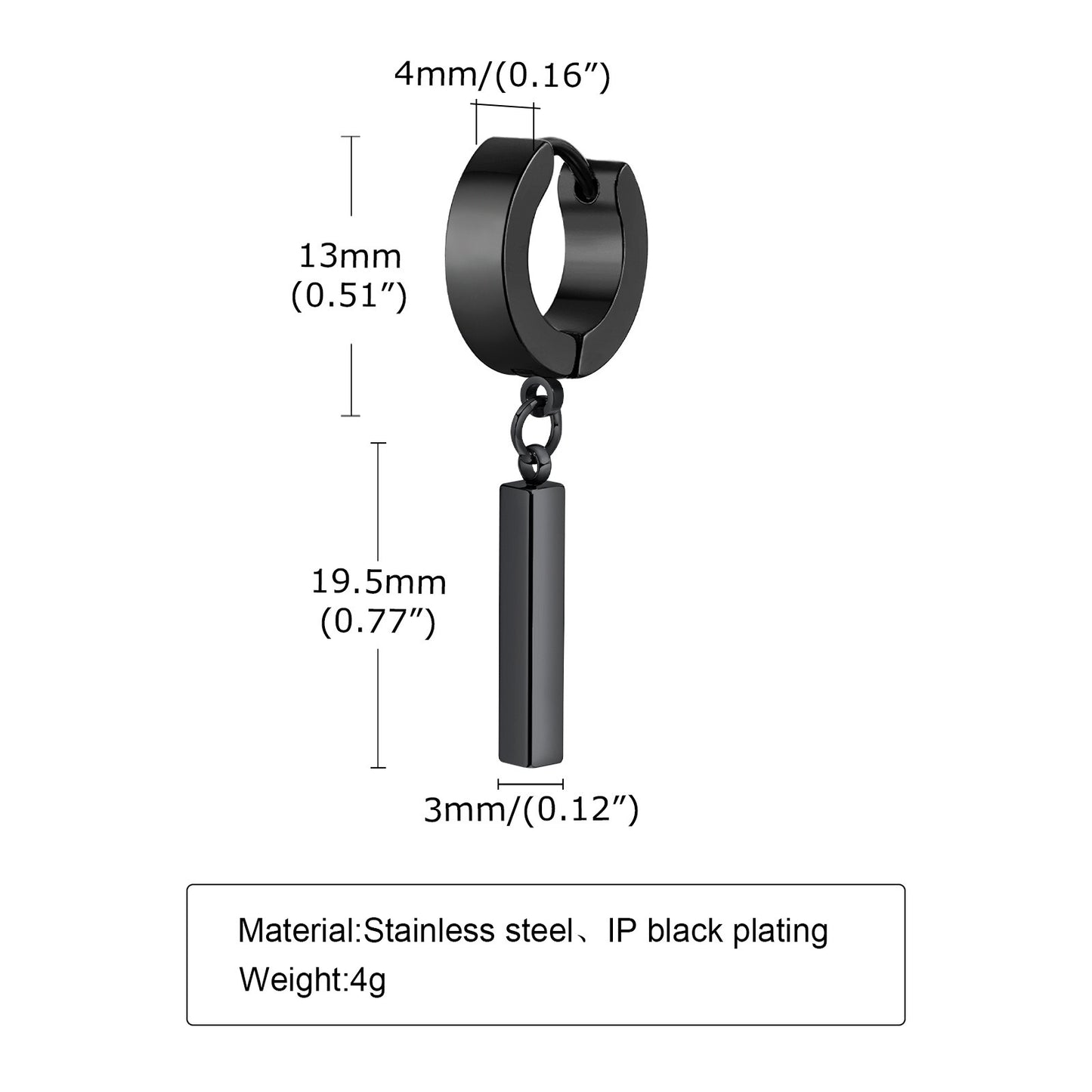 Kemstone Men's Geometric Bar Drop Earrings – Stainless Steel Hoop & Clip-On, Gothic Punk Street Style in Black & Silver ED-659