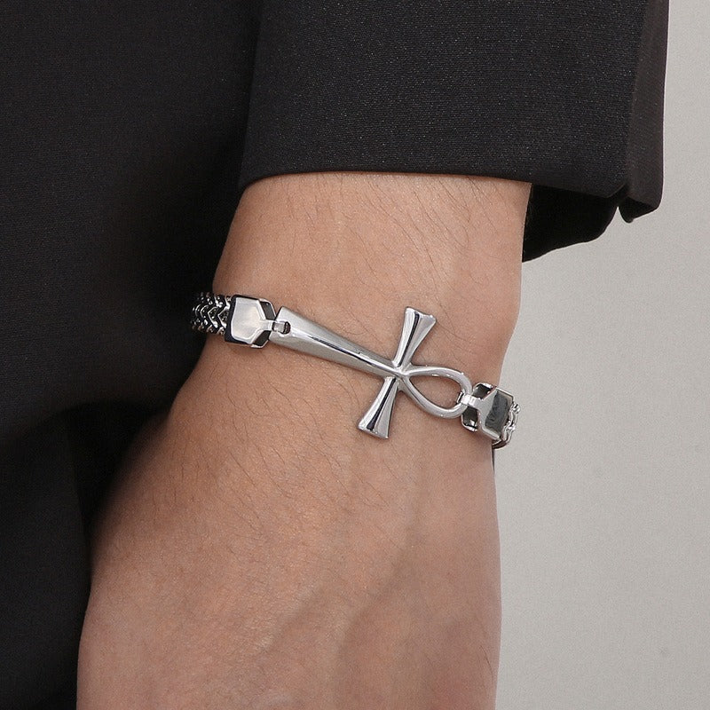 Kemstone Titanium Steel Rock 'n' Roll Dual-Weave Chain Bracelet with Vintage Cross Pendant KB164177-KFC